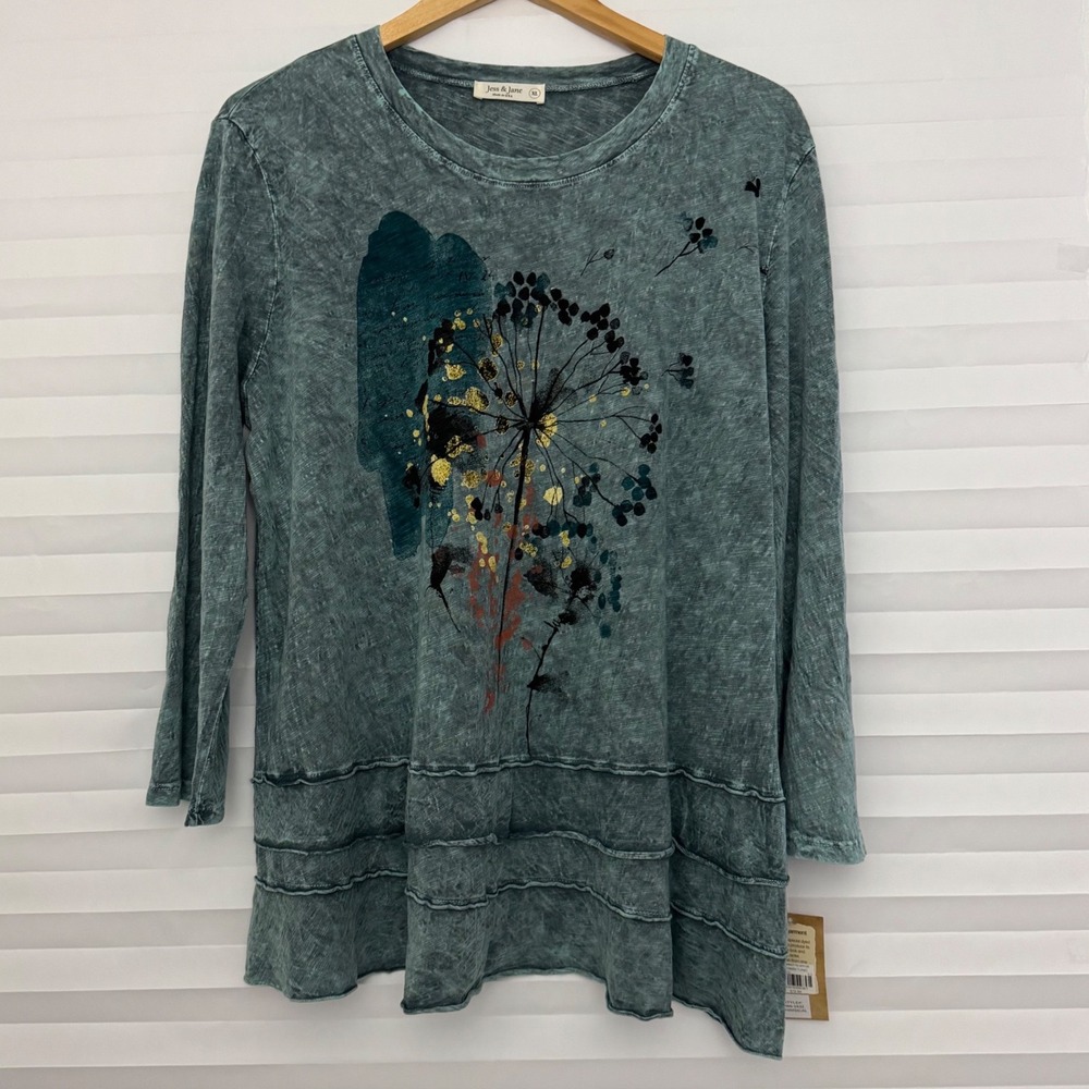 Jess & Jane Womens XL Teal Mineral Wash Dandelion Tiered Ruffle Cotton Tunic Top